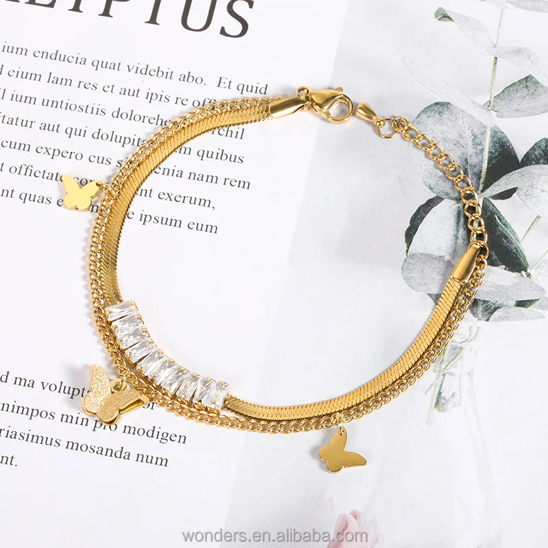 Butterfly Gold Snake Double Chain Bracelet CZ Crystal Decorated Beautiful Wedding Bridal Jewelry