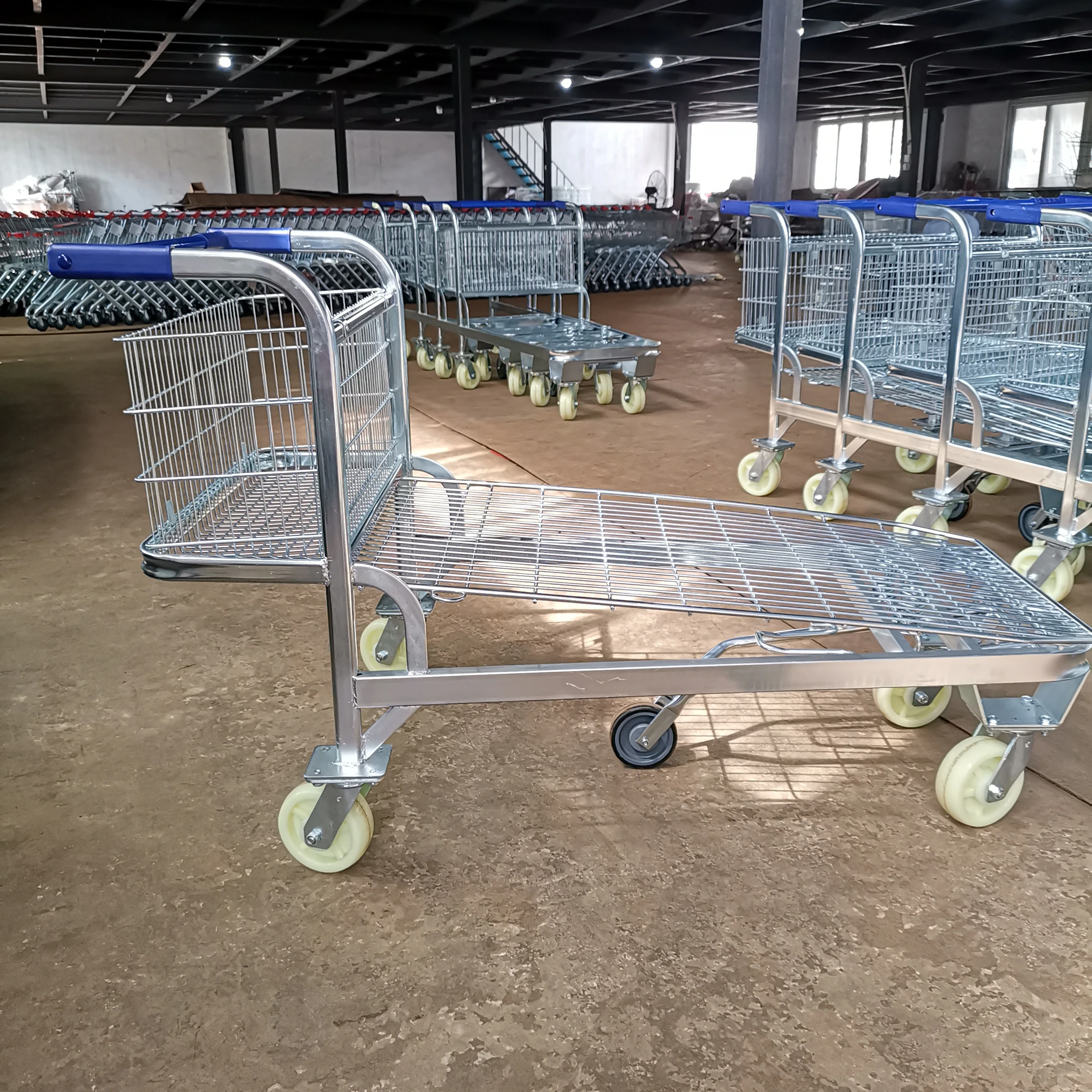 Heavy-Duty Zinc-Coated Steel Flat Trolley Cart with Wheels Portable Hand-Pull Logistic Dolly Cart Shopping Flat Platform Trolley
