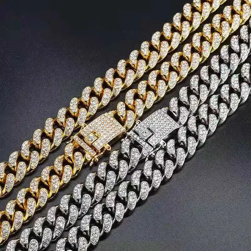 Wholesale Price Hip Hop Jewelry Sliver Gold Plated Hand Setting Rhinestone Diamond Miami Cuban Link Chain Necklace For Men