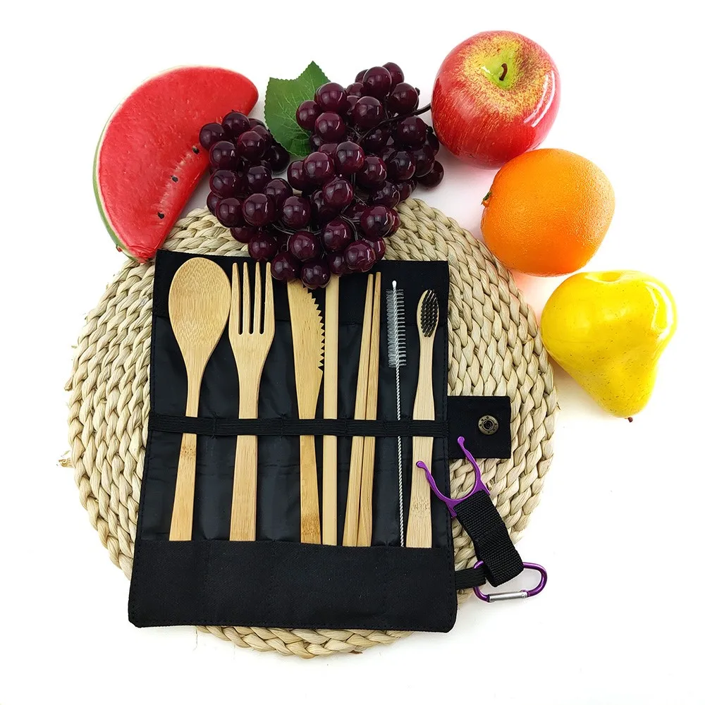 Bamboo dining utensil set knife/fork/spoon/Chopsticks/straw/brush/toothbrush travel cutlery set with custom bag