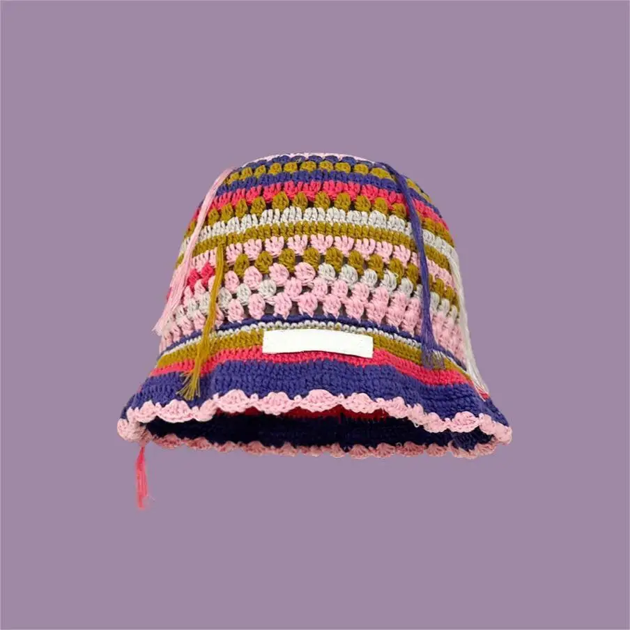 Support Customized Vintage Cherry Flowers Hand-knitted Pot Hat Female Fall and Winter Sweet Hundred With Wool Hat