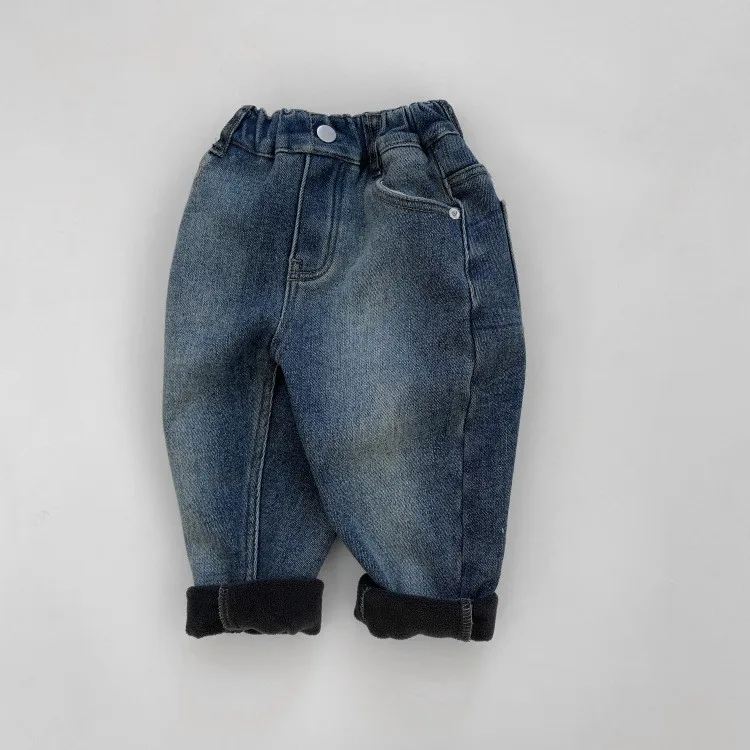 Wholesale Fleece Lining Blue Jeans Pants For Kids Boys Denim Pants Baby Boy Jeans 1-8 Years Old winter Carrot trousers korea