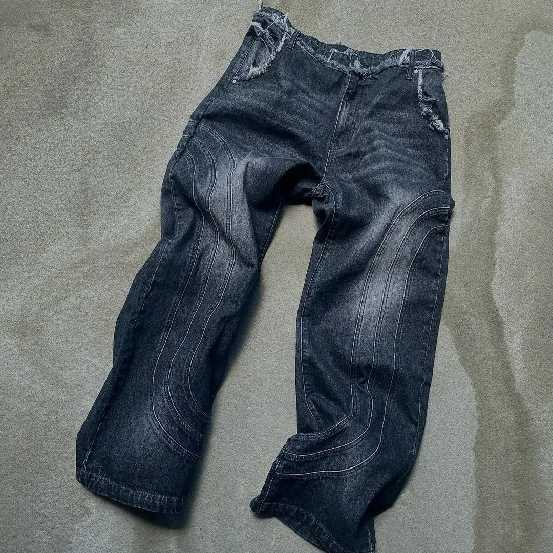 Custom Embossing mud washed custom logo brand baggy jeans distressed ripped jeans for men