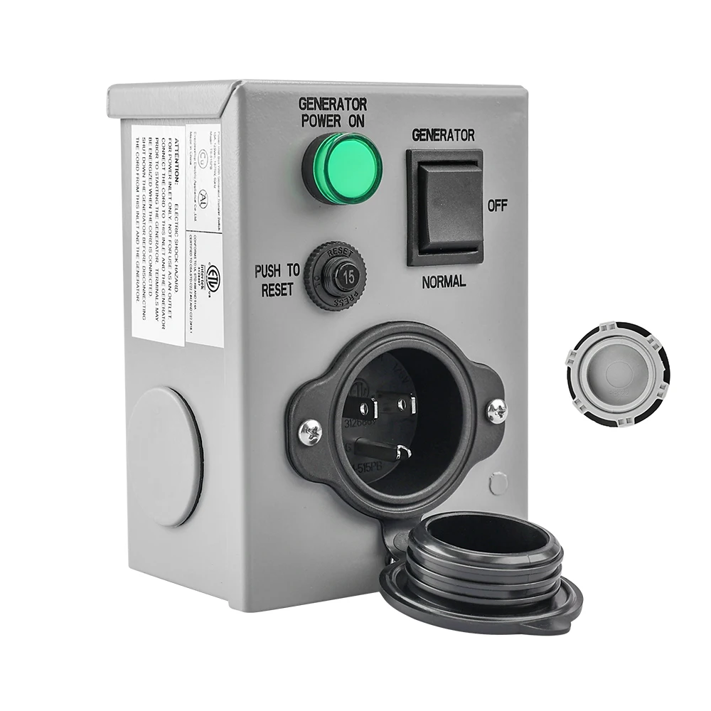 Generator Transfer Switch 15Amp 125Volt Power Inlet Box, Pre Punched Knockouts NEMA 5-15P Inlet Box with Circuit Breaker
