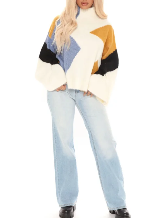Classic Take Oversized Sweater Long Sleeve Stretch  Mock Neck Colorblock Sweater