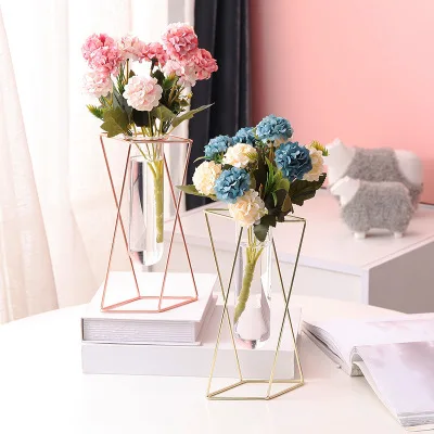 
Nordic ins geometric vase light luxury metal iron decoration living room flower arrangement creative home glass flower stand 