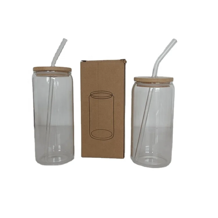 glass cup with bamboo lid and clear glass straw sublimation