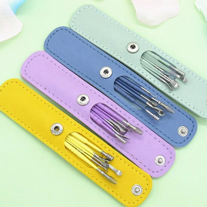 Stainless Steel 6pcs Earpick Wax Remover Set Curette Ear Pick Cleaner Ear Cleaner Spoon Care Ear Clean Tool With PU Bag