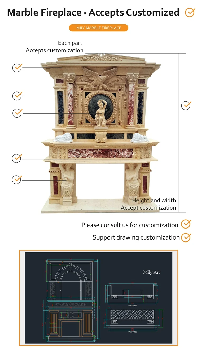 Modern Indoor Decorative Hand Carved Luxury Natural Stone Double Marble Statue Fireplace Mantel Frame Surround For Villa Estate