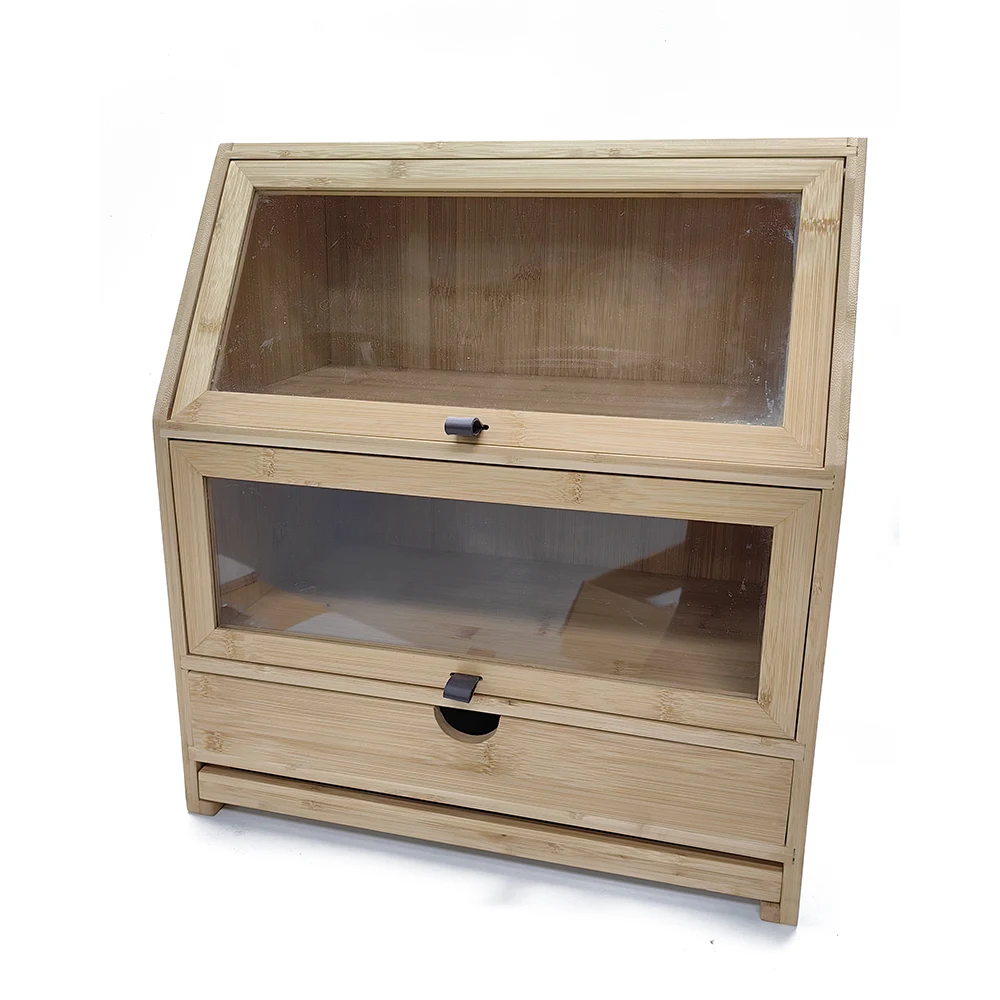 Creative Design Large Layers Bamboo Corner Bread Box with Clear Window K Cup Holders (Utensil Holder) and Bread Board