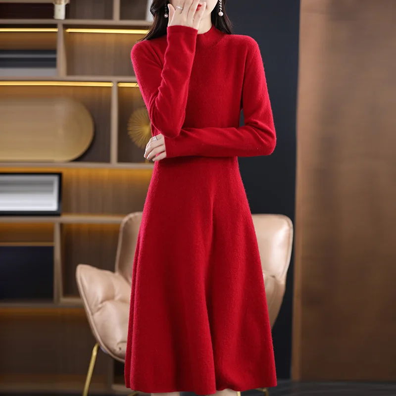 2024 Spring new arrival fashion lady middle high neck long sleeve slim fit high waist loose hip women sweater dress