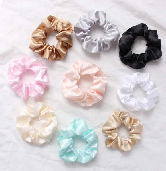 
Hot sell many colors option cute pure solid color elastic soft satin scrunchies for women 