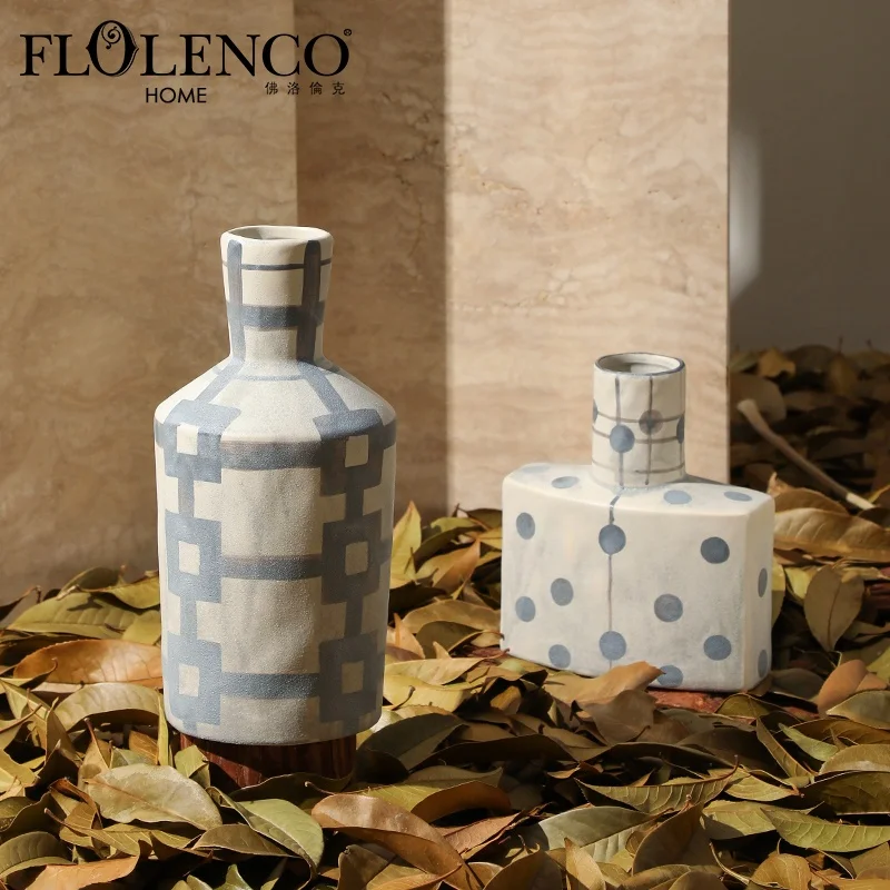 Flolenco Home Decor Rustic Style Blue Ceramic Vase Interior Tabletop Living room Decorative Flower Vase