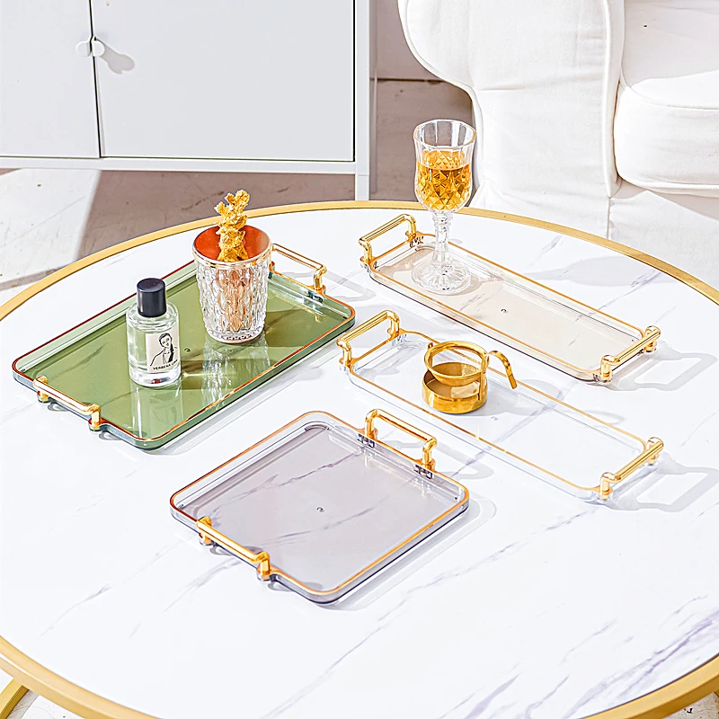 Classic Design Household Restaurant Tray Storage Wholesale Food Serving Tray with Golden Handle for Hotel Table