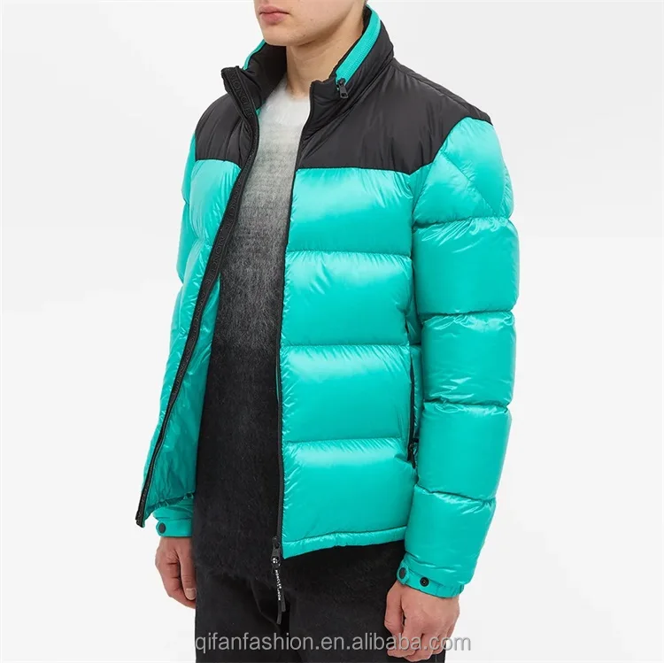 Custom color block patchwork pull out hood two tone padded down puffer jacket for men