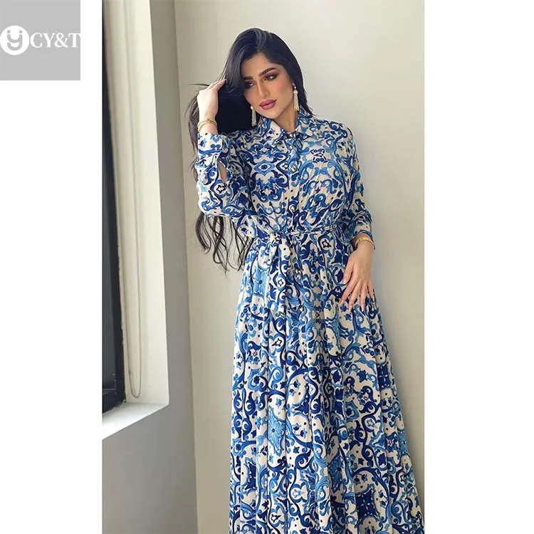 Manufacturer Blue Floral Maxi Dress Women Elegant Ethnic Lapel Long Sleeve Dubai Arabic Oman Moroccan Middle East Muslim Abaya