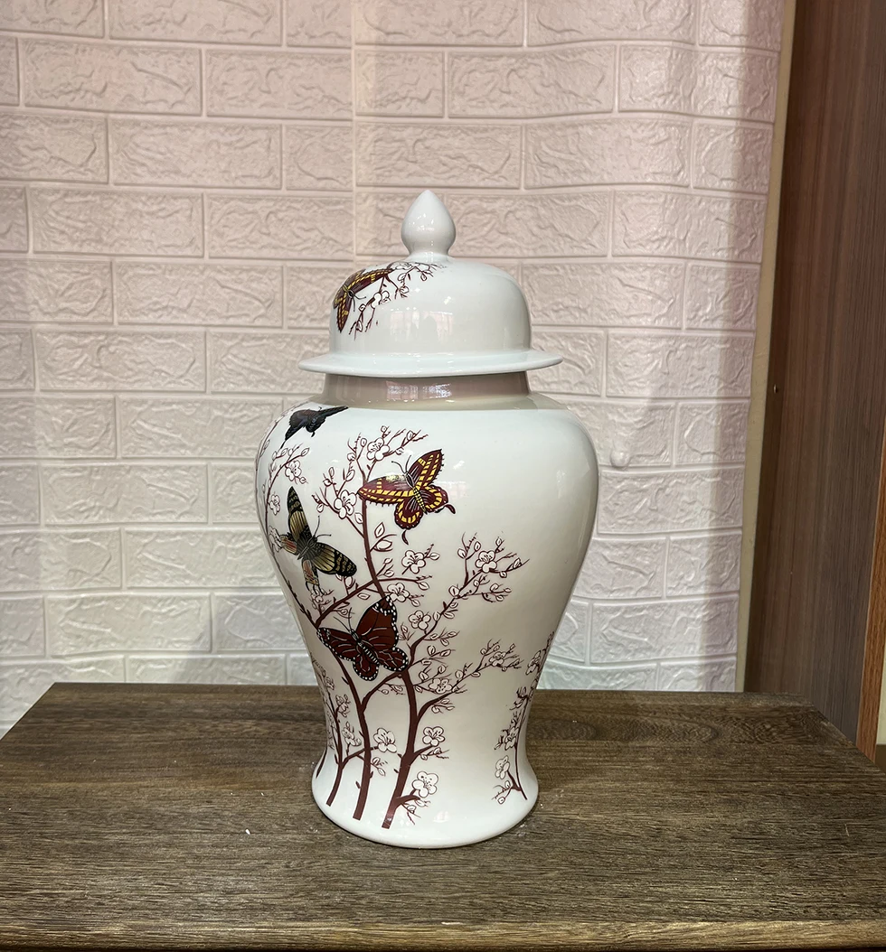 Chinese Jingdezhen traditional style white ceramic ginger jar with Butterfly and flowers patterns with Exquisite lids