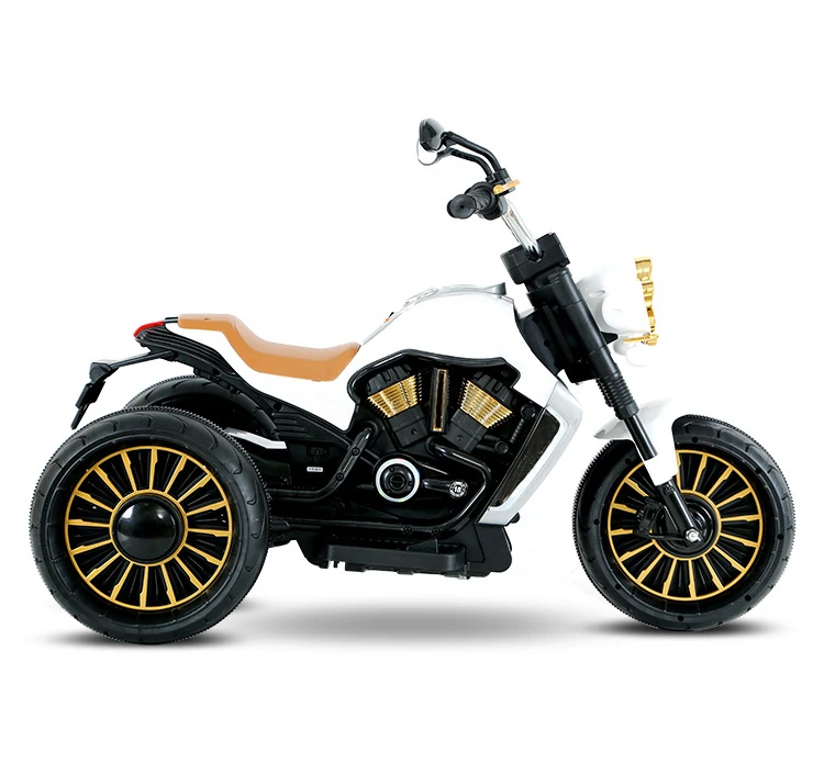 Customizable boys and girls can ride on a large Harley electric scooter that has three wheels and can be filled