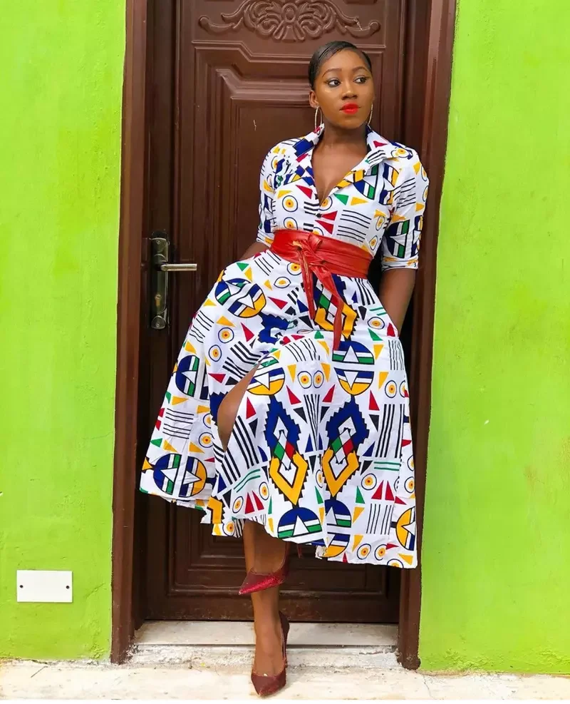 Wholesale Africa Print Women Clothing  Half Sleeve Button Up Shirt Dress Africa Casual Ankara Waxed Casual Front Slit Midi Dress