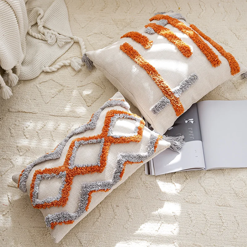 French Style Brown Living Room Sofa Cushion Light Luxury Geometric Embroidery Backrest Pillowcase for Home or Hotel