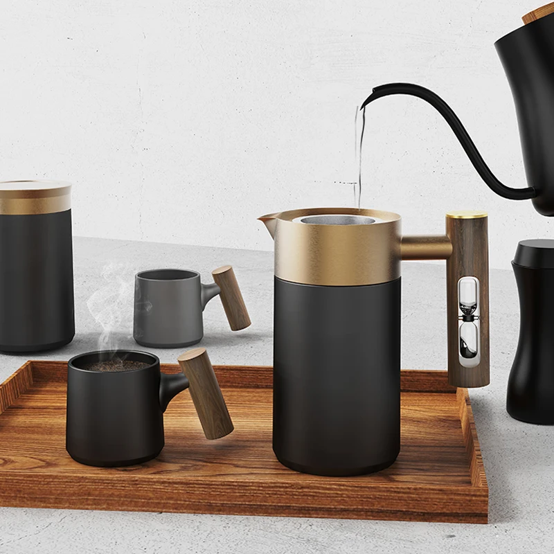 DHPO New Design Ceramic Commercial Cafe French Press Set With Wooden Handle Hour Glass Timer 304 Stainless Steel Plunger