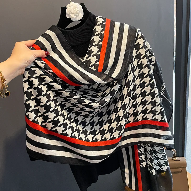 New Design Fashion Letter Printed Long Large Cotton Scarves For Women Luxury Houndstooth Pattern Viscose Shawls Muslim Hijabs