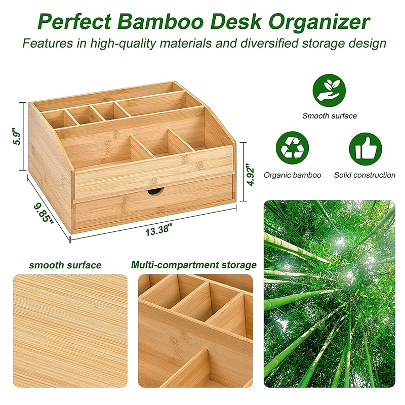 9 Compartments Storage Caddy Bamboo desk organizer with drawer  for Home Office Supplies