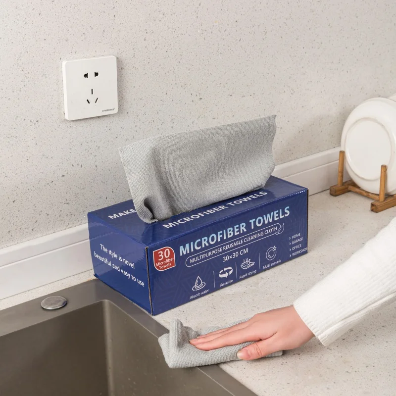 Strong Absorption Quick Dry Customizable Microfiber Cleaning Cloth Disposable Rags Reusable Lint Free Towel with Dispenser Box