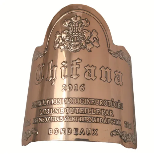 
glowing customized blue metal plaque sticker electroplating etched embossing wine label maker 