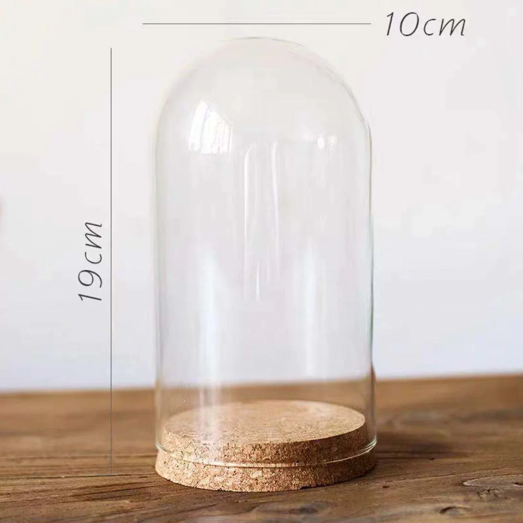 Wholesale Handmade Clear Transparent High Borosilicate Flower Glass Dome with Wooden Base