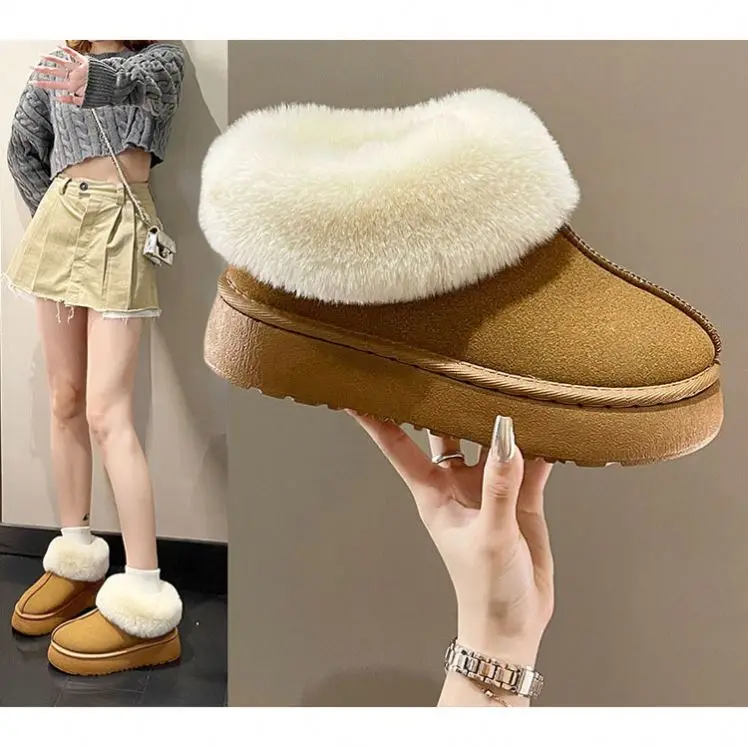 Custom Winter Warm Soft Unisex Thick Heel Sole Platform Real Shearling Fluffy Sheepskin Slippers for Women