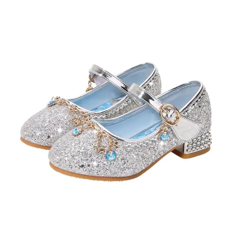 Cheap factory price crystal decoration microfiber inner sequin fabric 2.5cm thick heel girls blue sandals