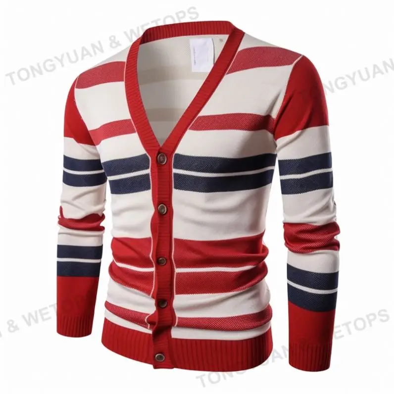 2024 OEM и ODM производитель одежды вязаный свитер новый дизайн мужской трикотаж полосатый хлопковый школьный кардиган свитер
