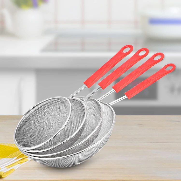 Hot Sale Kitchen Tool Stainless Steel Mesh Colander Sifter Sieve S.S. Mesh Strainer With Non-Slip Plastic Red Handle
