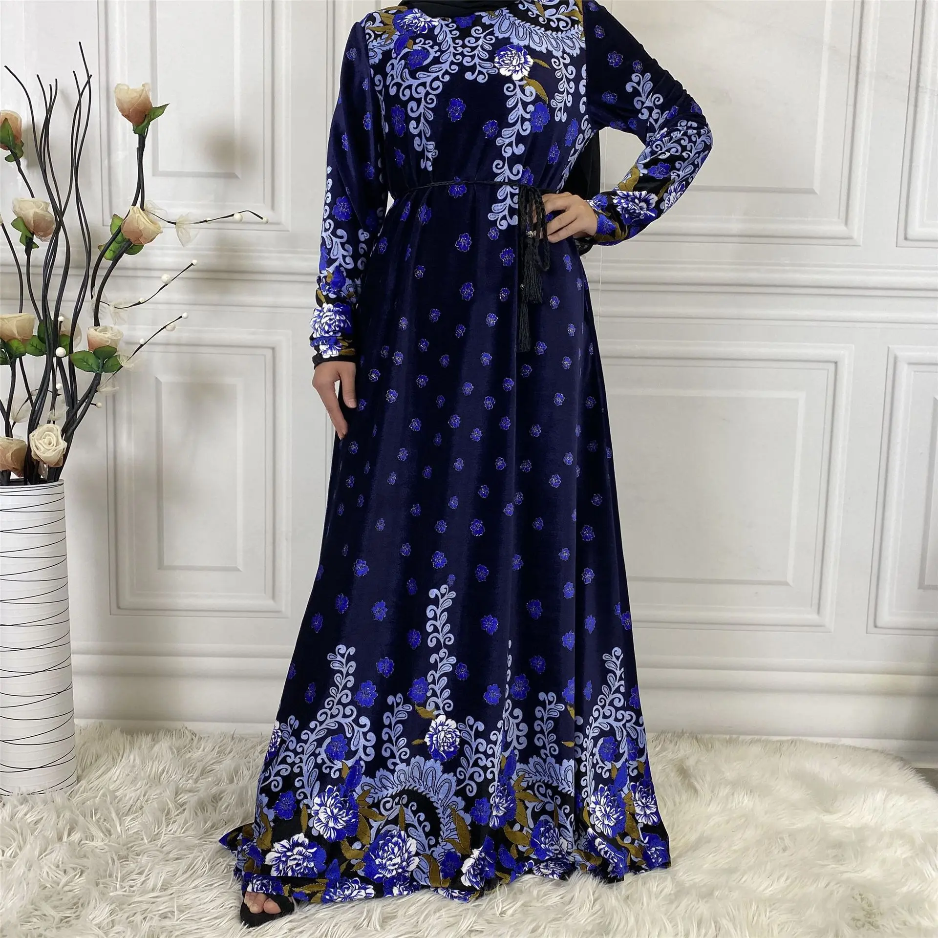 kaftan Abaya Muslim Dress Plain Women Fashion Jubah Long Sleeve Elegant Belted Irregular Dresses Swing Muslim Long Dress