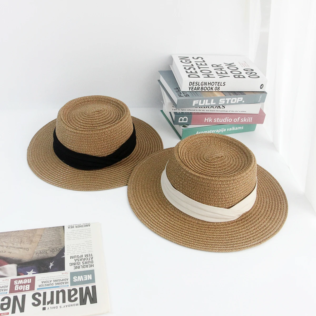 Outdoor Flat Top white black Ribbon Narrow Brim Flat Top Sun Boater Beach Hats Round  Bucket Hat