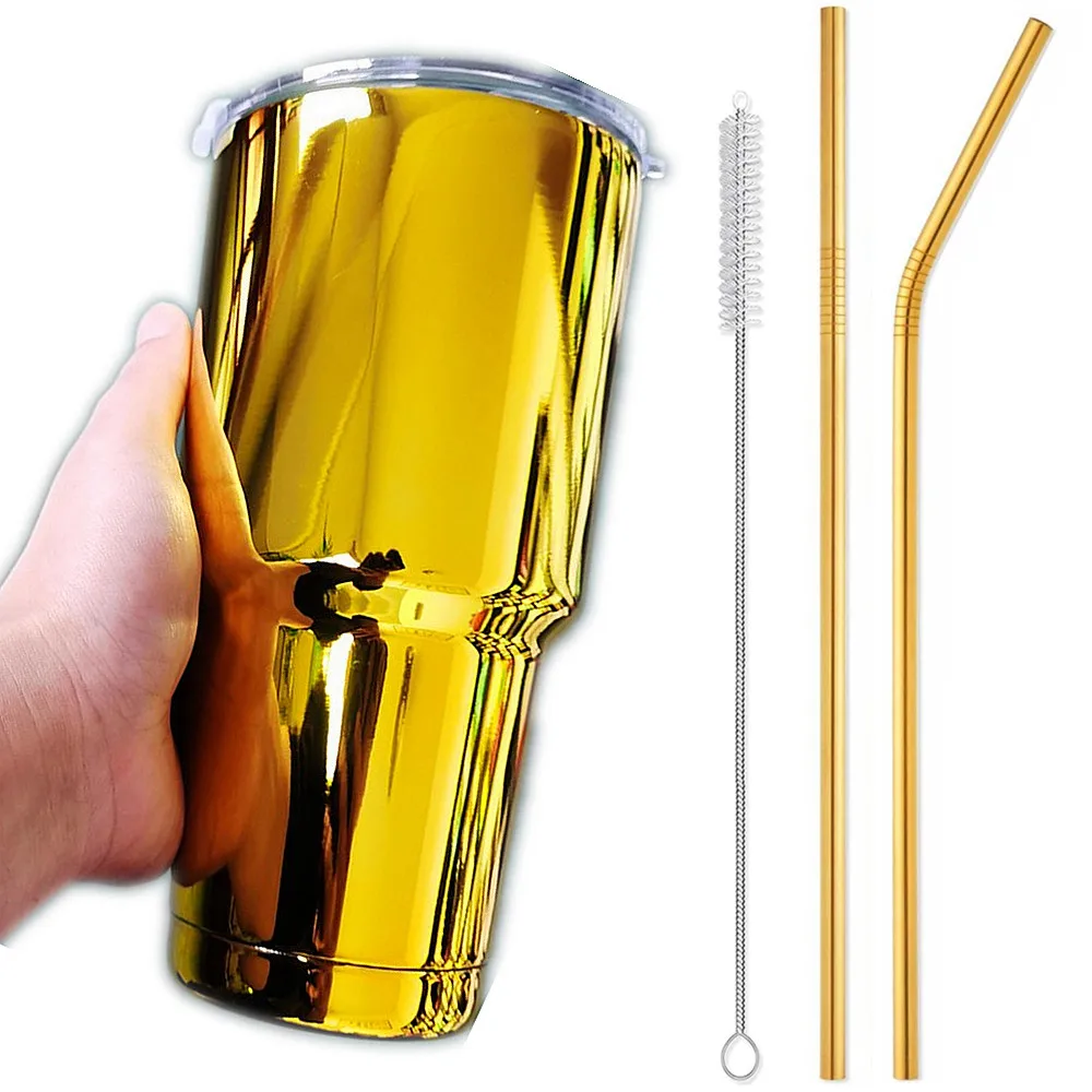 Golden 30oz Tumbler Set Stainless Steel Double Wall Vacuum Insulated Mug with Straw and Lid, Cleaning Brush for Cold and Hot