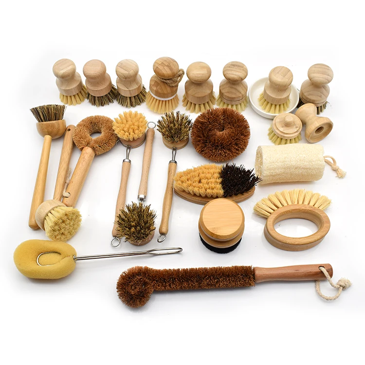 Hot sale bamboo kitchen cleaning brush set natural sisal palm pot dish scrub brush with customization