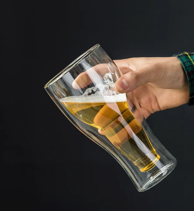 Handmade Cold Insulated Beer Drinking Glass Double Wall Borosilicate Glass Dishwasher Freezer Safe Beer Glass cup