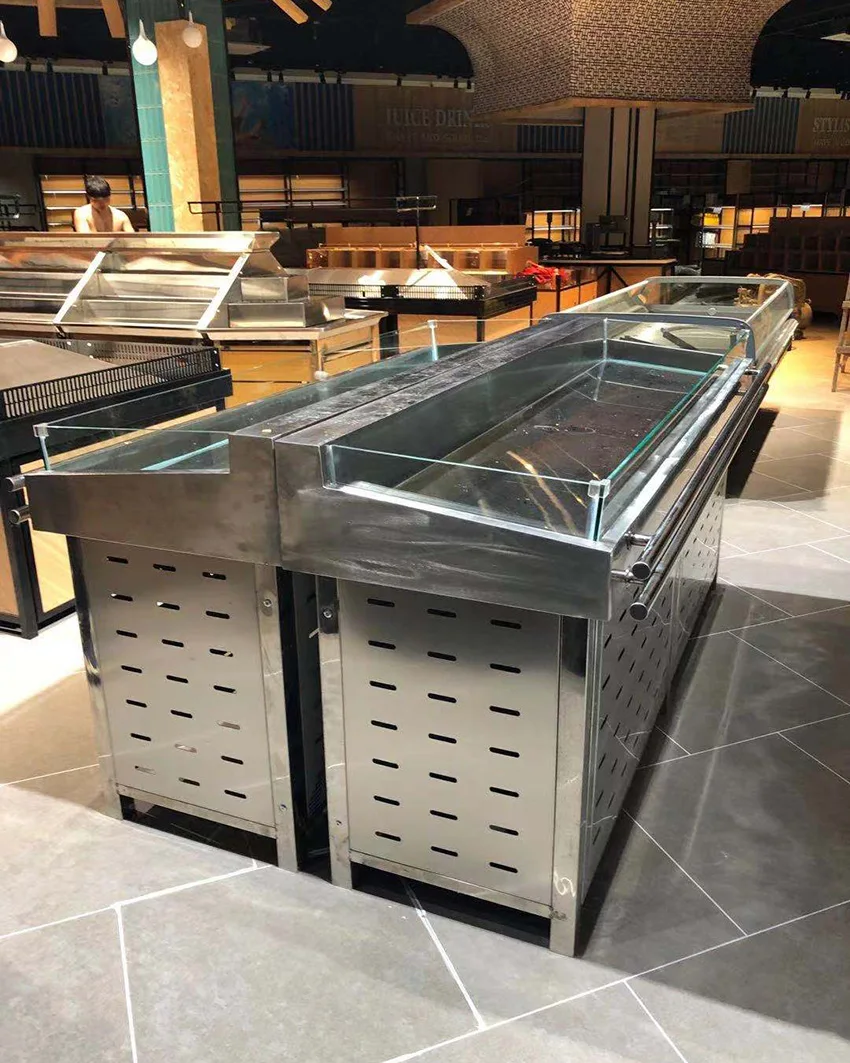 Customized 304 Stainless steel fish on ice table seafood stand fishes on sale display supermarket fish display table