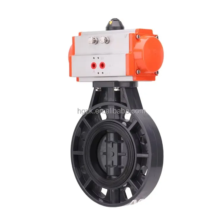 UPVC Spring Return Double Acting DN50 2inch Wafer Type PTFE Seat Flange Pneumatic Actuated Butterfly Valve