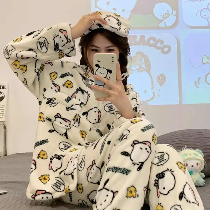 Yulia016 Wholesale Coral velvet pajamas female sanrioed Pompompurin with eye mask autumn and winter warm flannel home pajamas