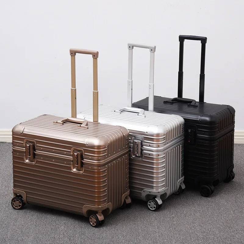 Pilot luggage bag custom logo trolley on wheels aluminium alloy suitcase 18 inch boarding box