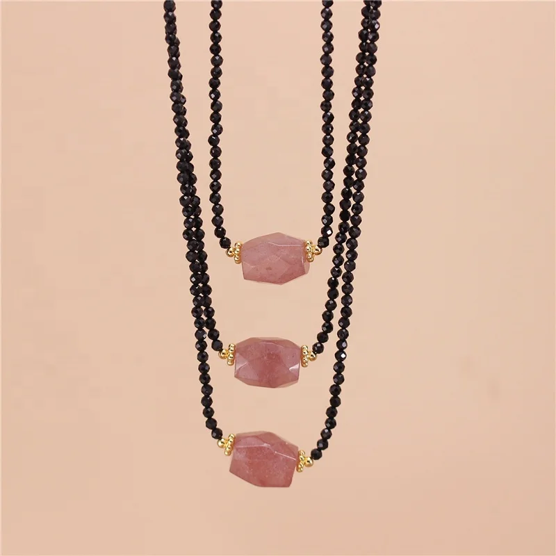 Small Natural Stone Black Spinel Strawberry Quartz Beaded Choker Necklace Yoga Minimalist Short Necklace Jewelry Dropshipping
