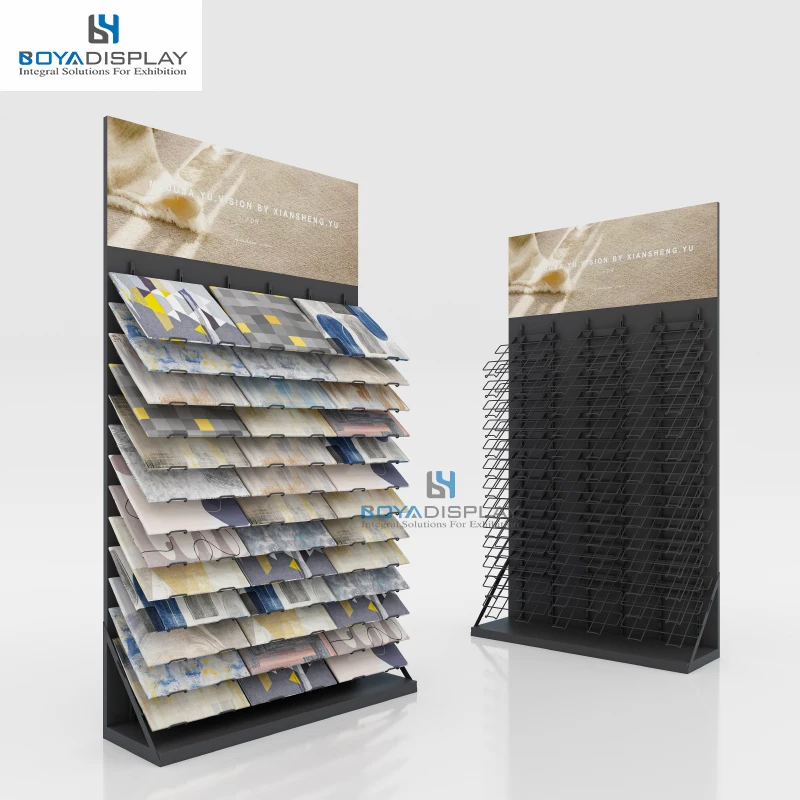 Customize Logo Size Three Row Slot Free Standing Small Sample Carpet Rug Display Rack Stand For Carpet Shop