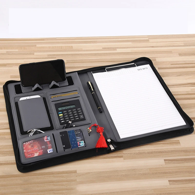 A4 Wireless Charging Multifunctional Leather Folder Mobile Power Business Document Portfolio with Zipper Handheld File Organizer