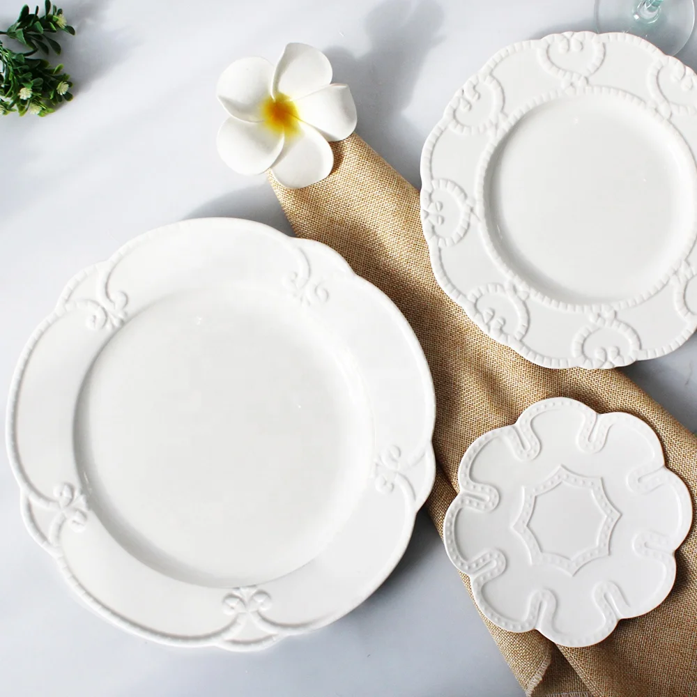 Wholesale Decorative Pottery Emboss Tableware for Weddings Dinner Plates Sets