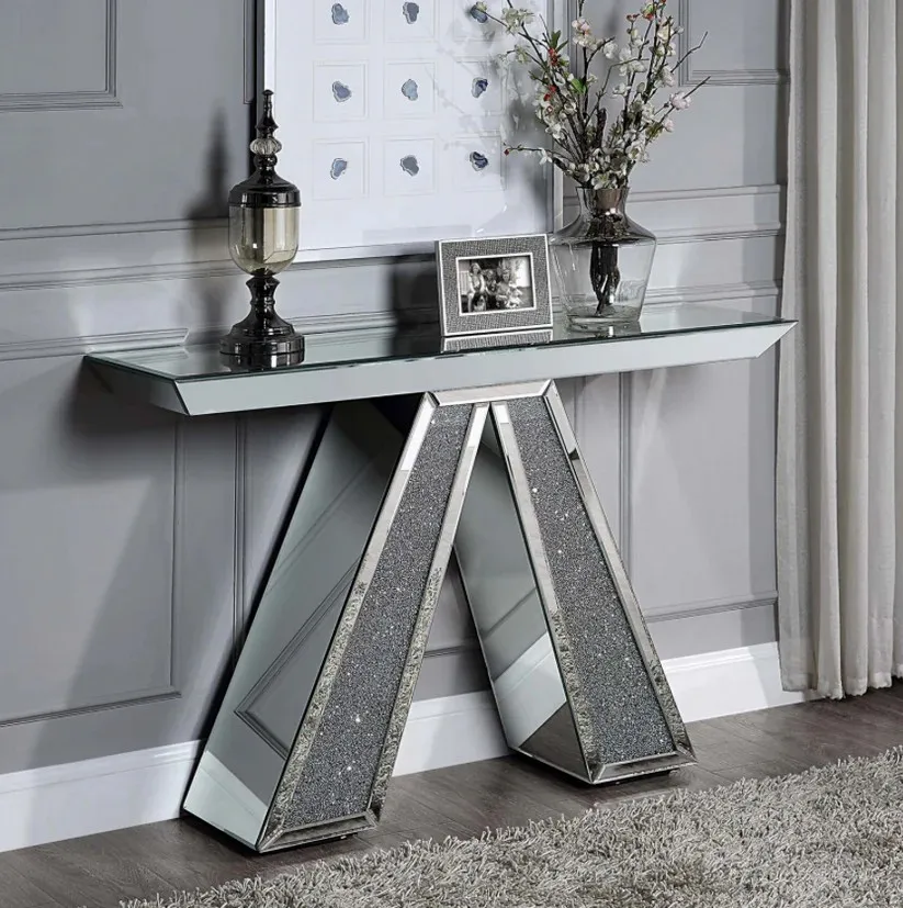 Contemporary Mirror Console Hallway Table 2 legs Crushed Diamond Effect