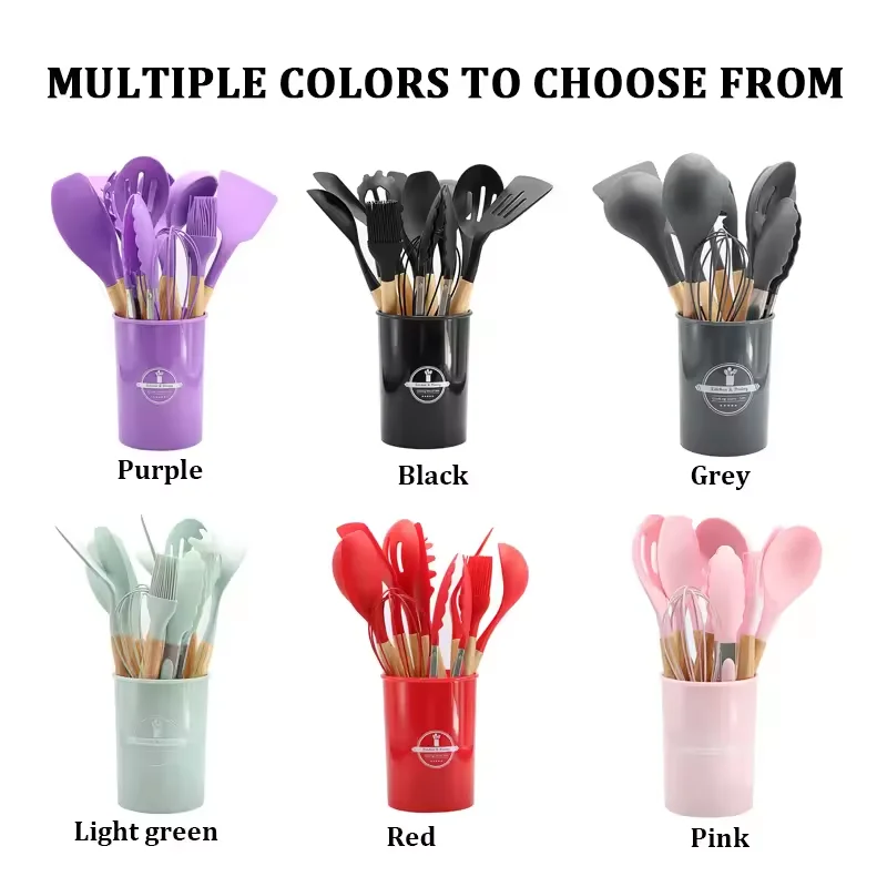Factory whole 12 pcs kitchenware silicone cooking kitchen utensil set with wooden handle at stock