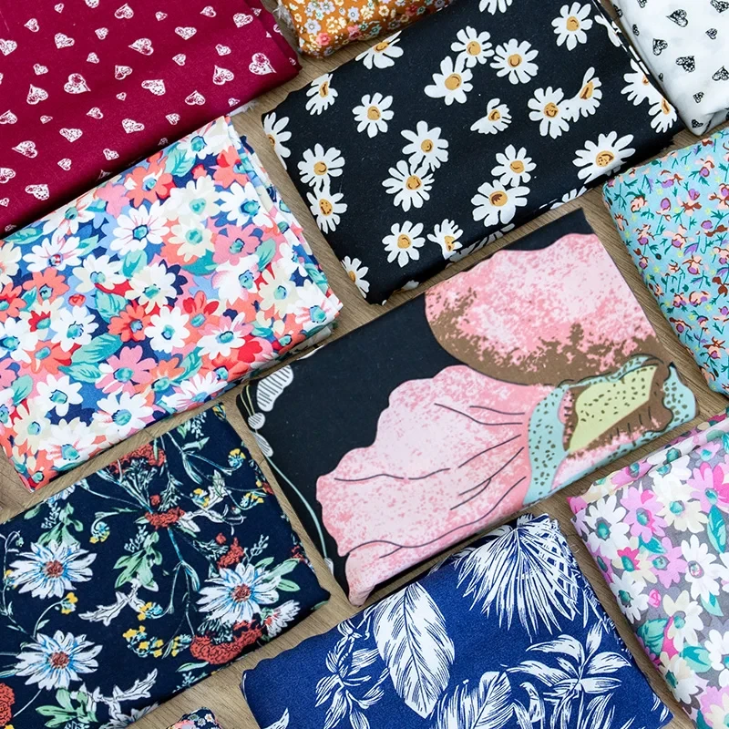Floral Print Smooth Rayon Fabric Summer Viscose Thin Shirt Short Sleeve Dress DIY Sewing Fabric